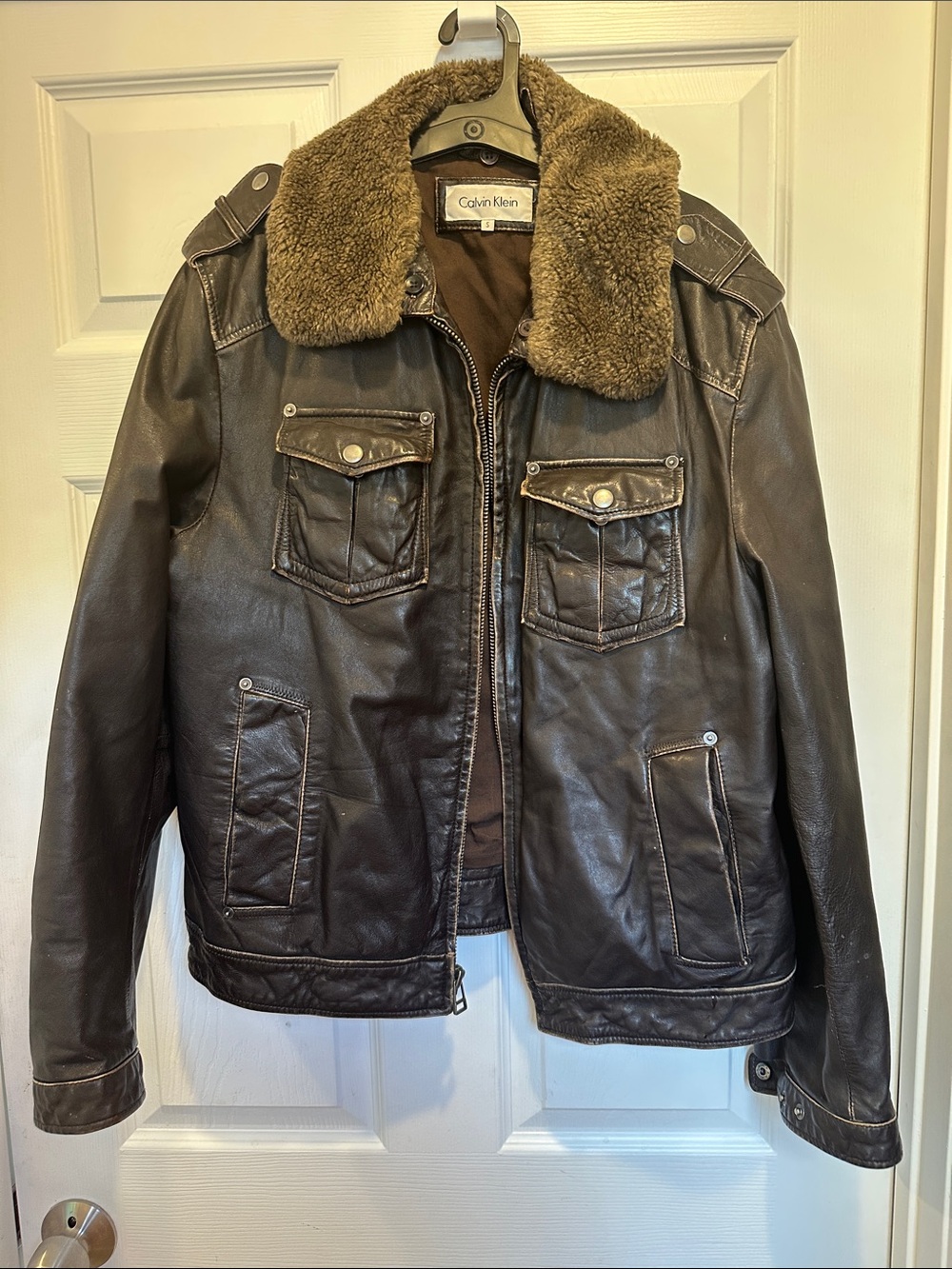 Calvin Klein Dark Brown Leather Bomber Jacket with Shearling Collar